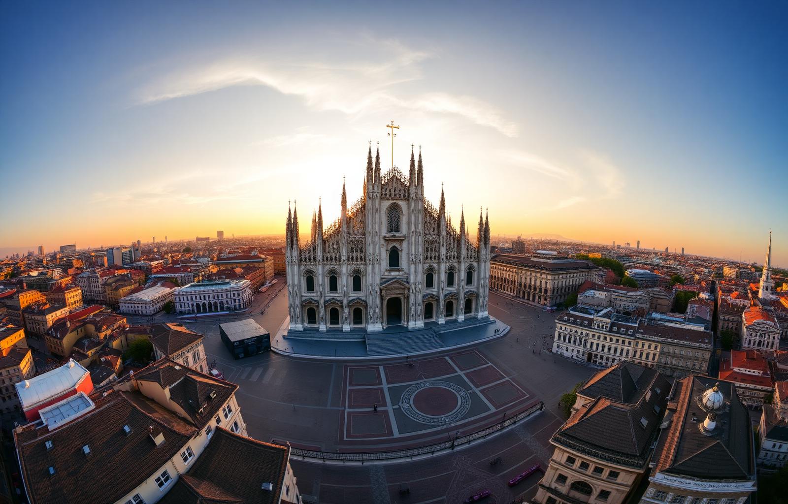 Vista aerea di Piazza Duomo e dello skyline di Milano